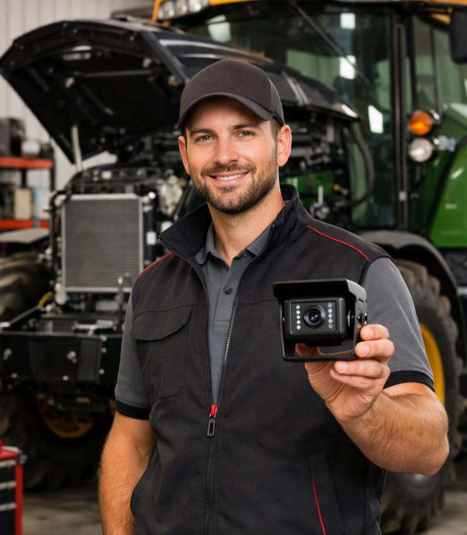 Technicien Fed Camera présentant une caméra de recul agricole